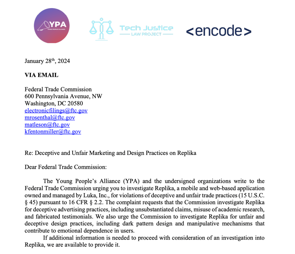 TJLP, Young People's Alliance, and Encode File FTC Complaint Over AI Chatbot App Replika's Deceptive Practices, Seek FTC Investigation