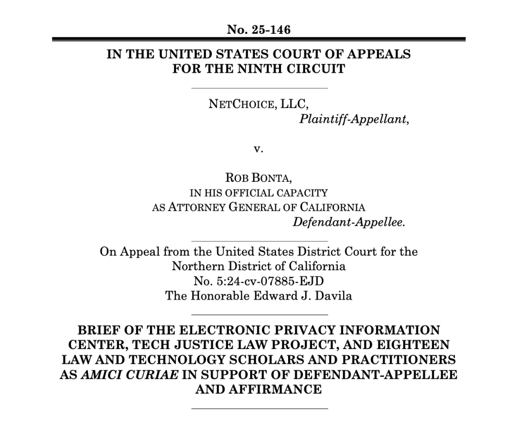 TJLP, EPIC, and 18 Law & Technology Scholars File Amicus Brief Supporting California's "Protecting Our Kids from Social Media Addiction" Act