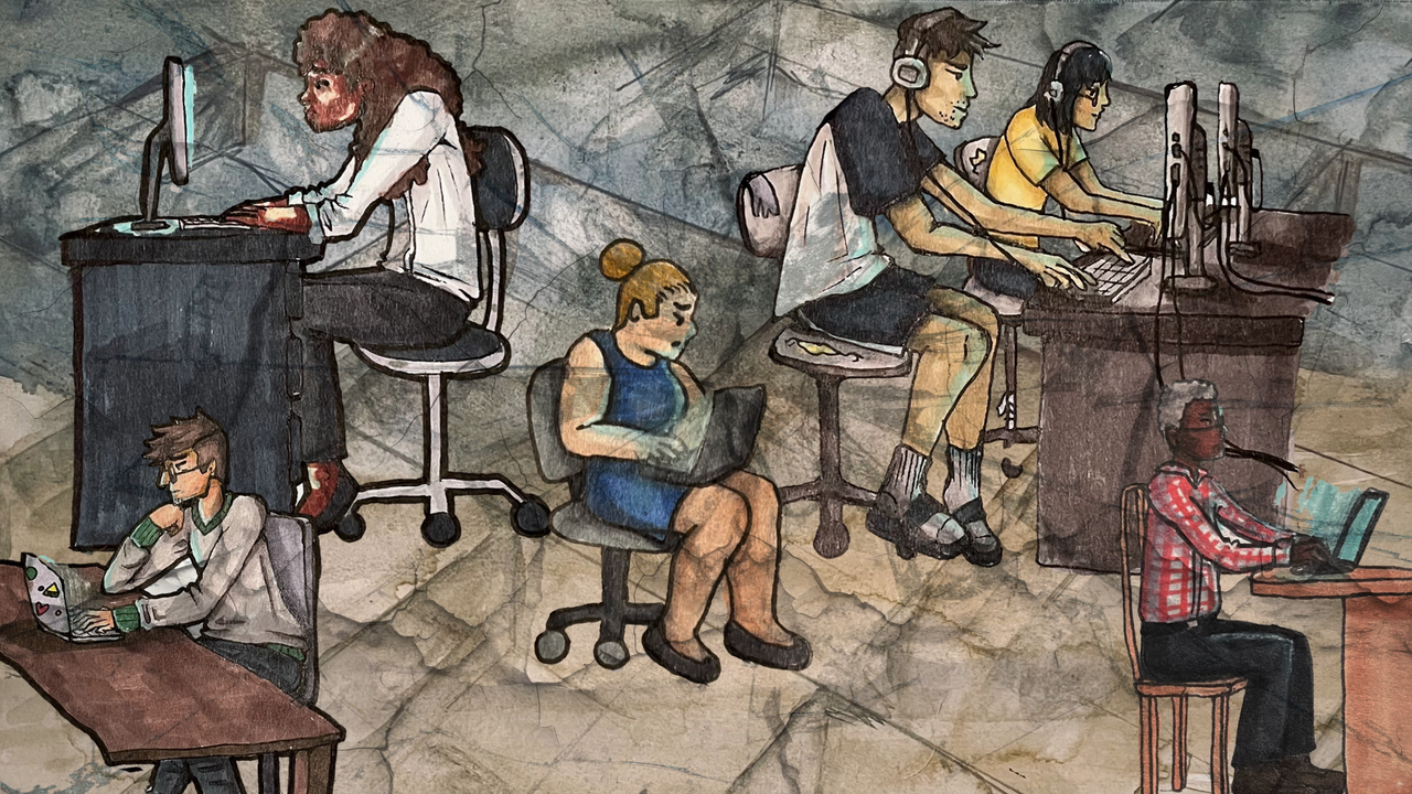 Illustration of people working on computers by Kathryn Conrad & Digit / [https://betterimagesofai.org]