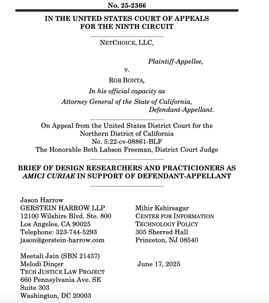 TJLP, CITP, and 11 Design Scholars and Practitioners File Amicus Brief Supporting AG Bonta in Appeal over California's Age Appropriate Design Code