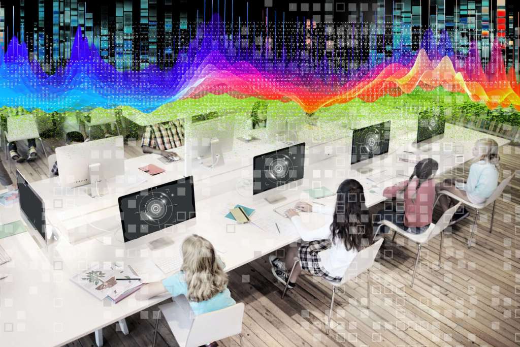 Photo illustration of children working at computers while a digital cloud hover overhead