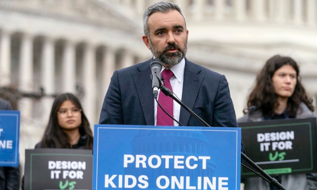 New Mexico Attorney General Raúl Torrez speaks during a rally to protect kids online on Capitol Hill in Washington, Wednesday, Jan. 31, 2024.