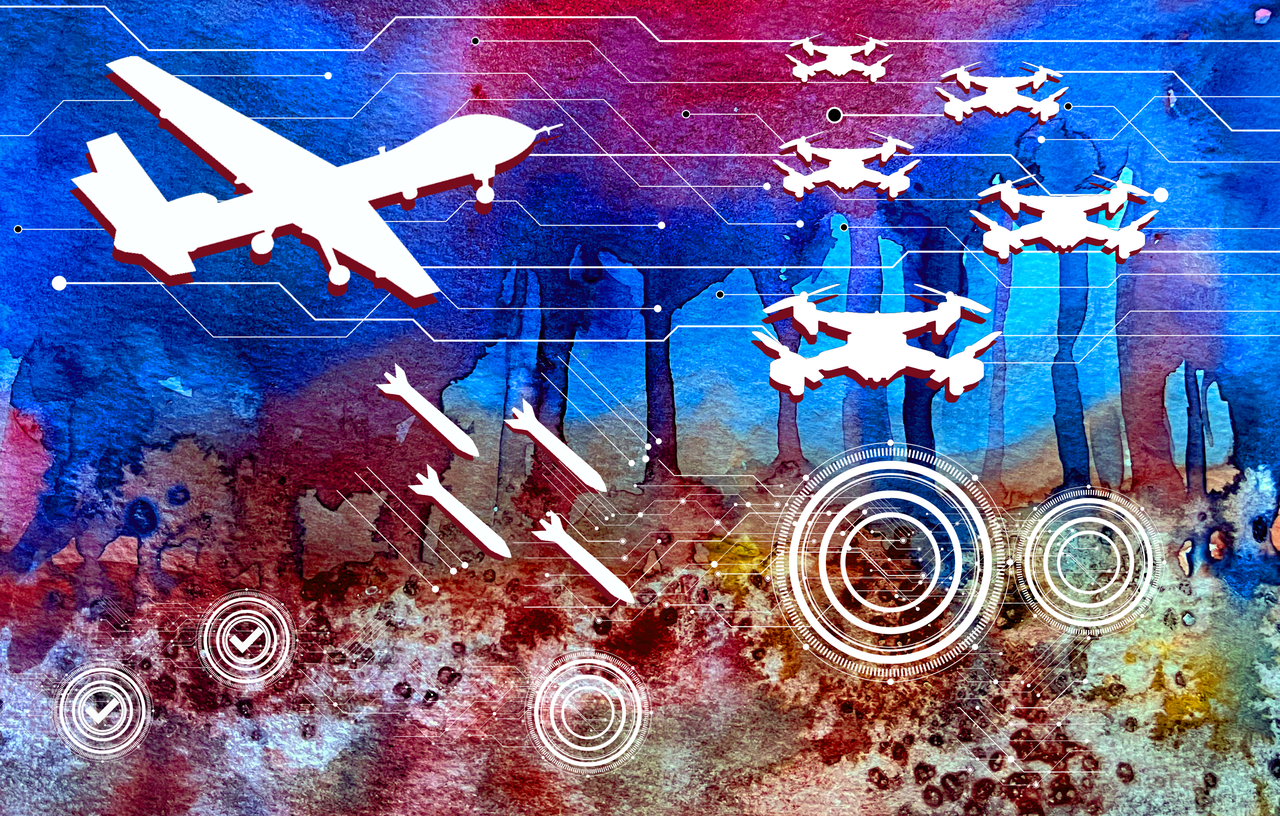 Roughly textured and colorful illustration of drones dropping munitions