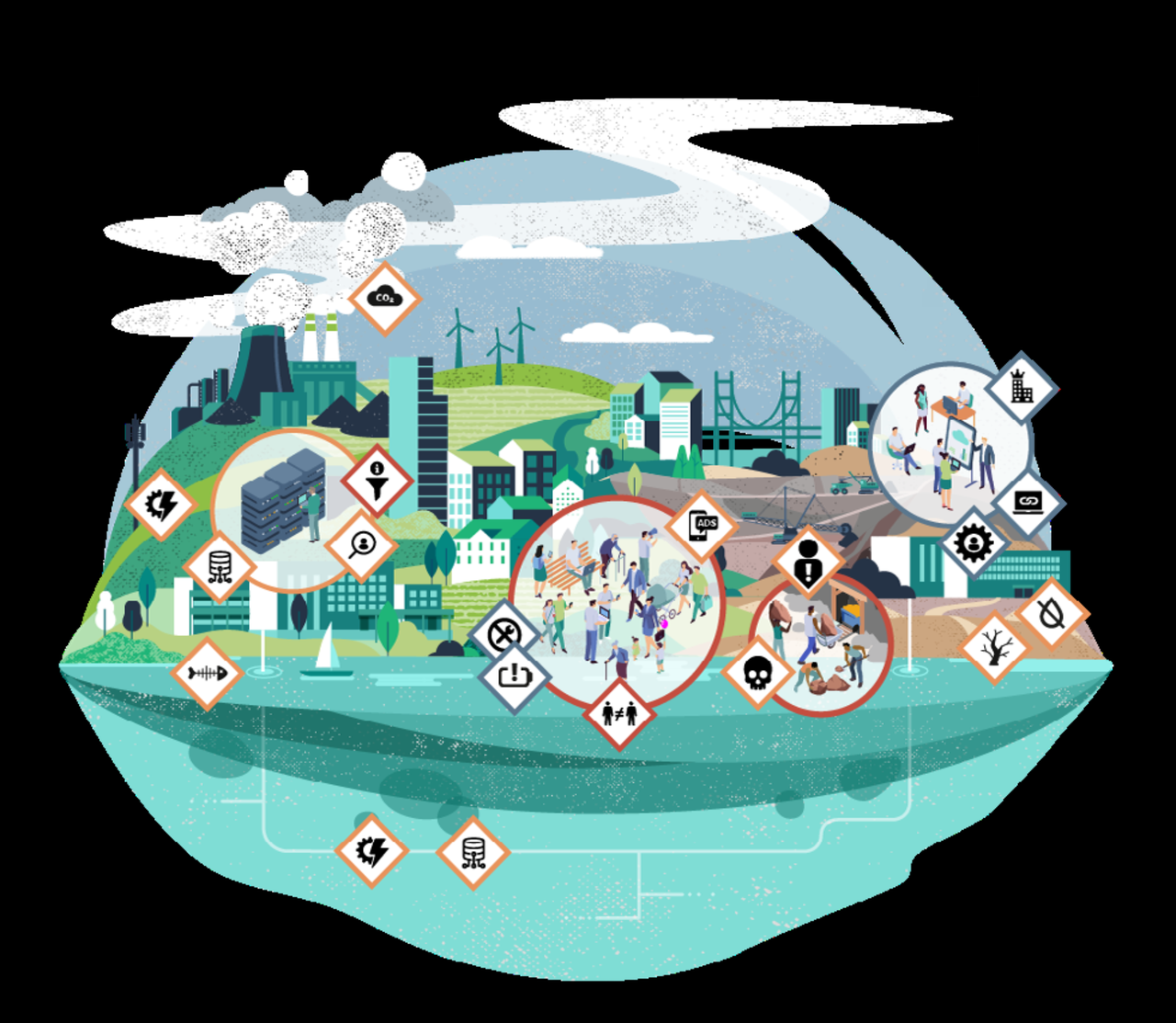 Illustration of a bio dome with people milling around in a busy cityscape by Lone Thomasky & Bits&Bäume / [https://betterimagesofai.org]