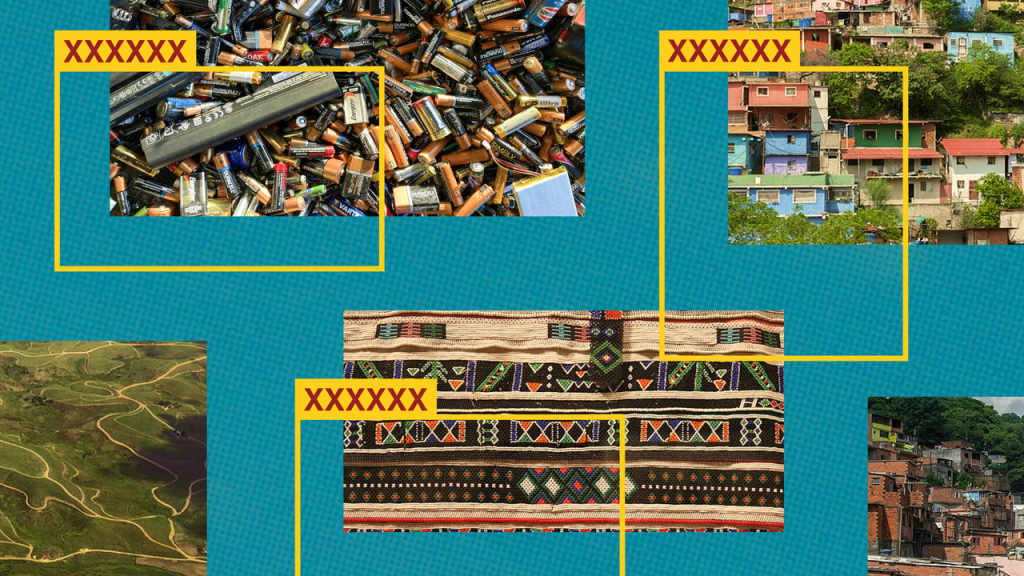 Photo illustration of various textures, cloth, bullets, land formations, and buildings with yellow boxes not overlaying them precisely by Pauline Wee & DAIR / [https://betterimagesofai.org]