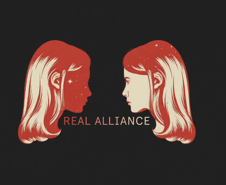 Illustration of two women with long hair in profile staring at each other with the words "REAL Alliance" between them