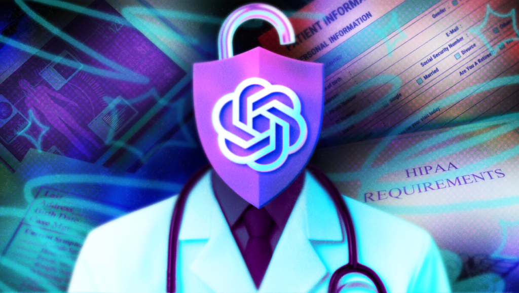 Animated graphic of doctor with opened lock in place of head, with OpenAI logo on top of lock