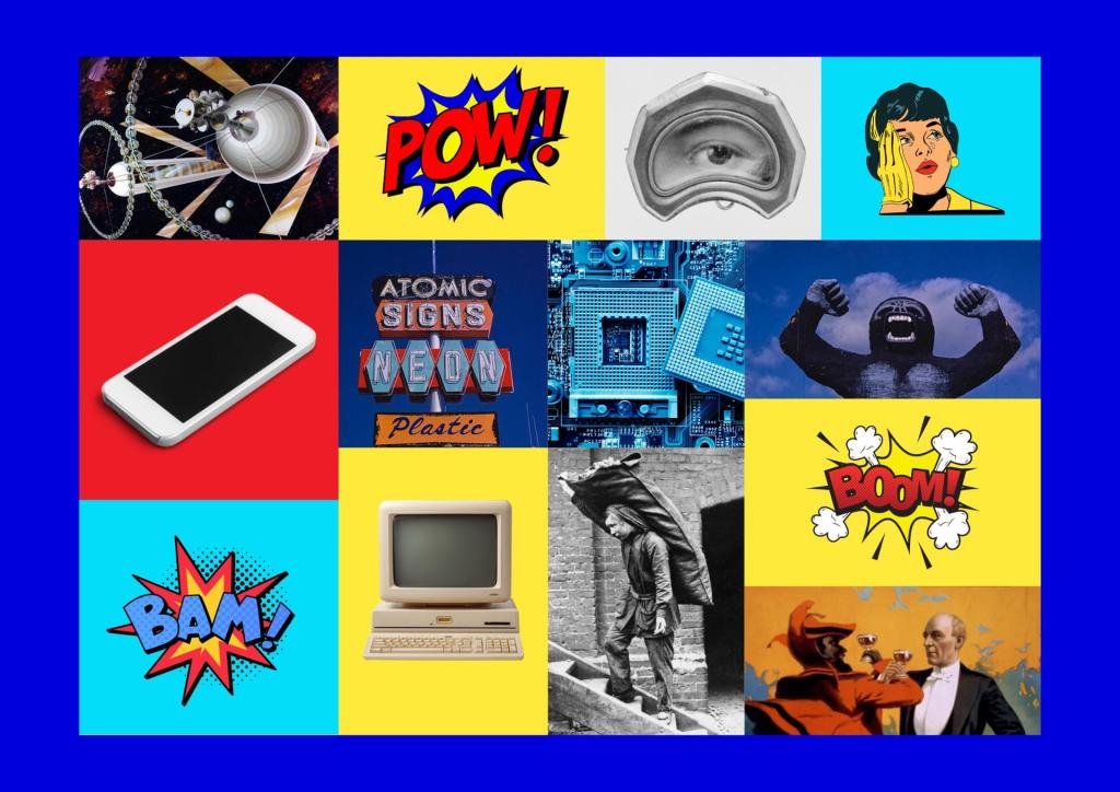 A collage made of 13 different images arranged in a rectangular formation in the style of pop art. The images include vintage photographs of old signs, part of a vintage poster, a vintage space image, historic black and white photos of a male labourer carrying a sack and of a human eye, comic book-style words 'Wow!', 'Bam!' and 'Boom!' as well as a comic book-style woman's face and images of digital tech, including a computer, a smart phone and computer chips.