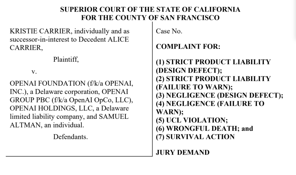 picture of legal document, complaint, heading Carrier v. OpenAI