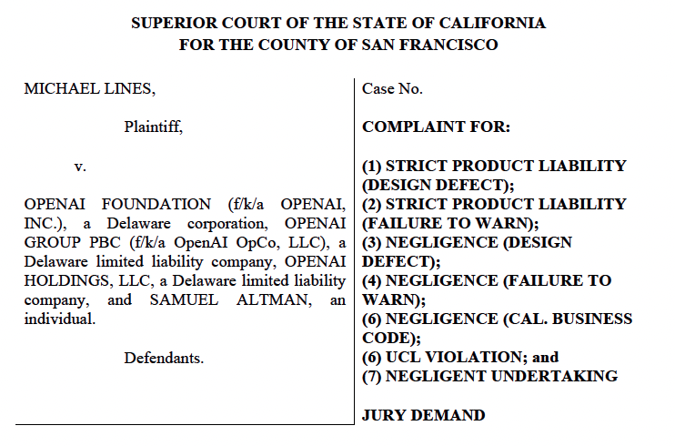 Picture of a legal document, heading Lines v. OpenAI